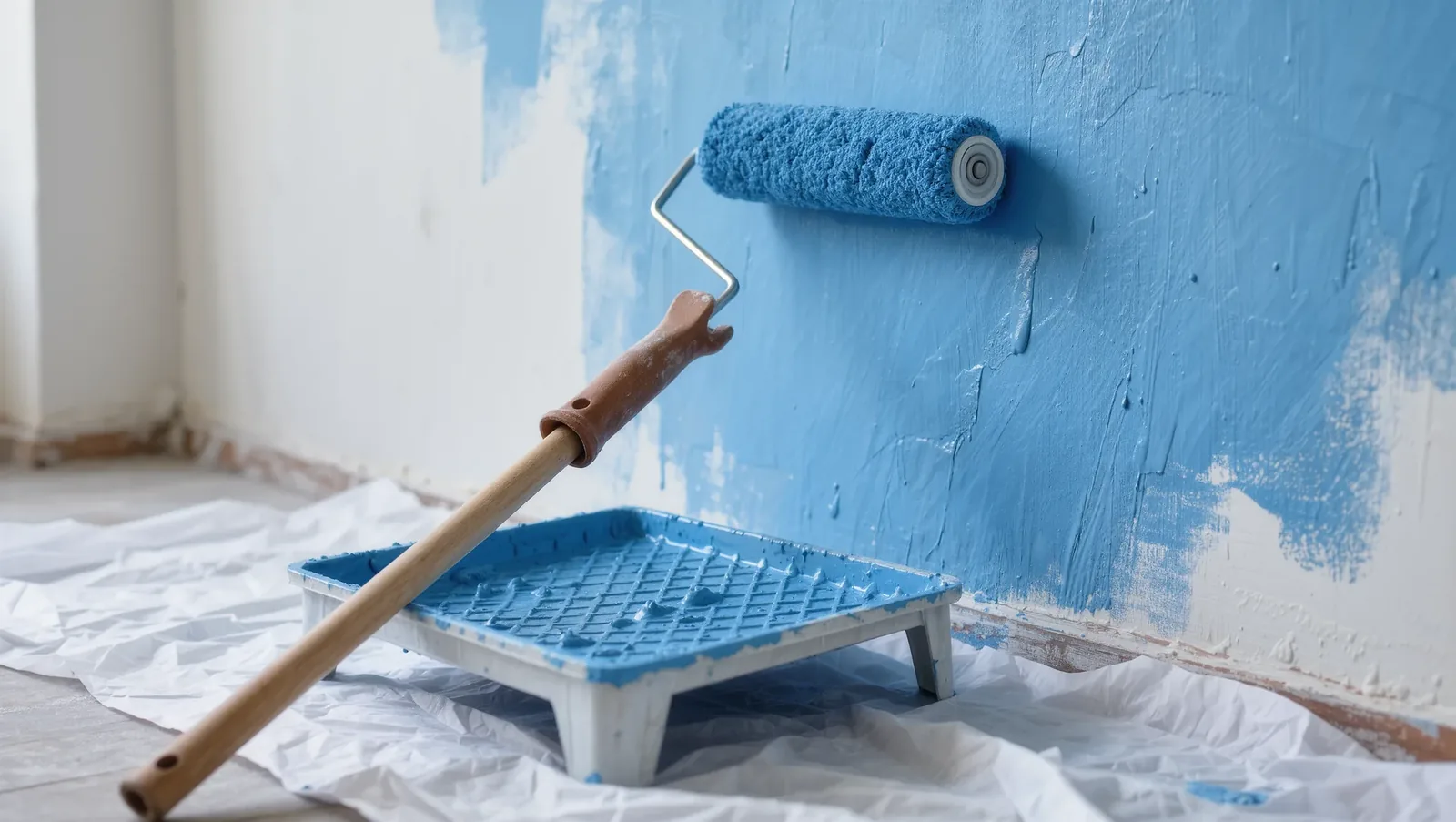 Symbolbild Farbrolle und Wanne vor frisch gestrichener Wand